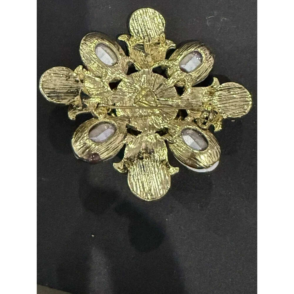 Large Gold Tone Floral Brooch - Multi-Color Faux Gemstone Pin Costume Jewelry
